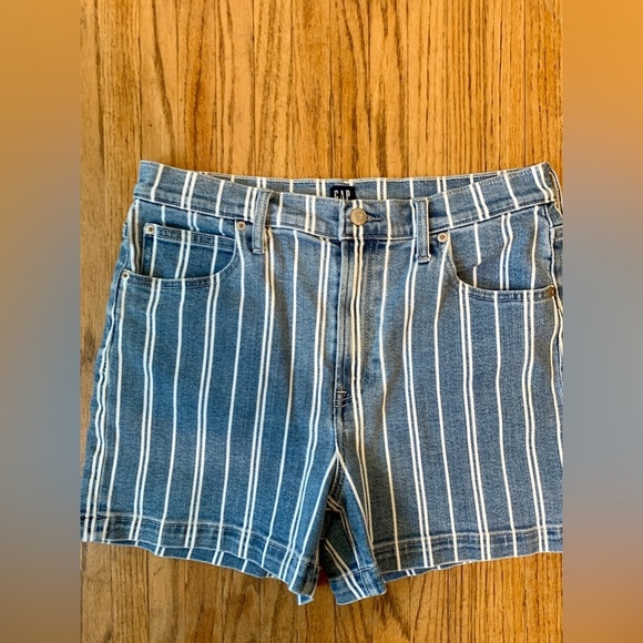 GAP Mom Jean Shorts Blue Navy Striped Denim High Waist VTG 90s 12 31 Stretch - Picture 8 of 8